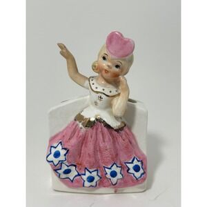 Vintage Ceramic Girl Planter Pink Skirt Blue Flowers Gold Trim MidCentury Kitsch
